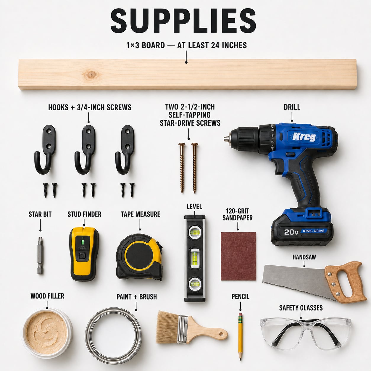 Supplies for making a DIY backpack hanger from a 1x3 board