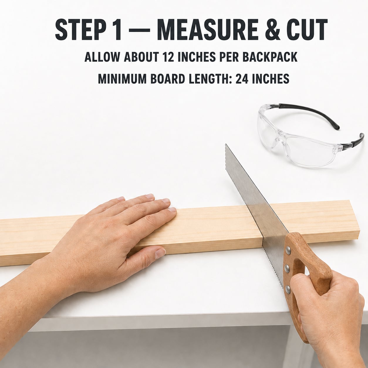 Measuring and cutting a 1x3 board for a backpack hook rack