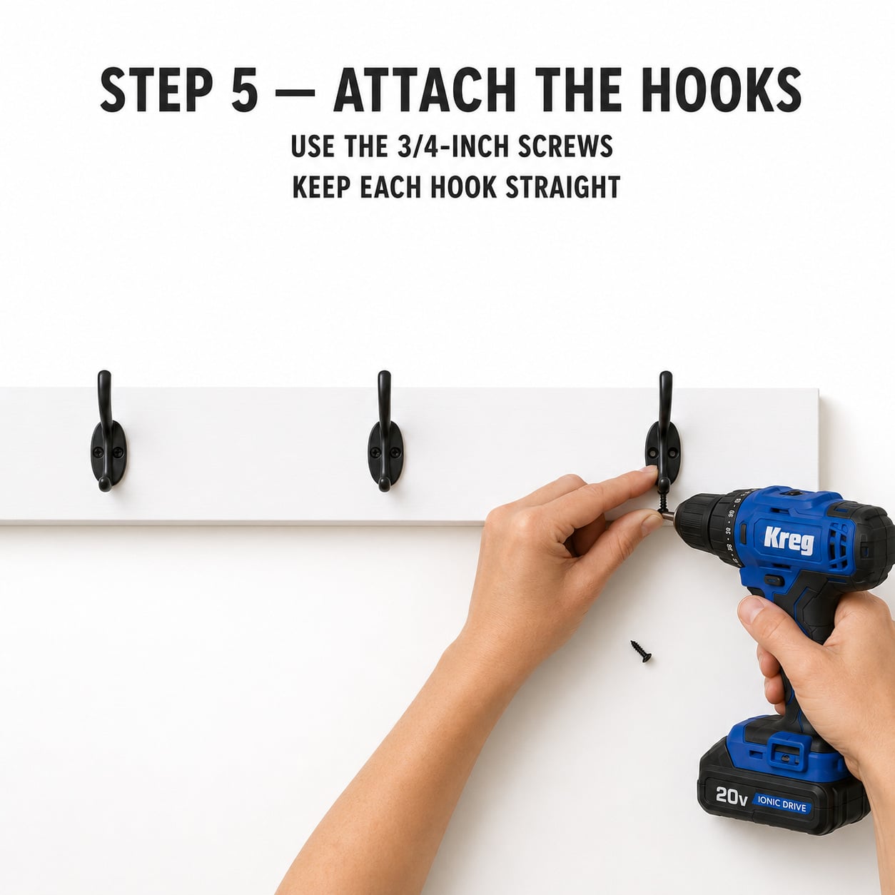 Attaching backpack hooks to a painted 1x3 board with a drill