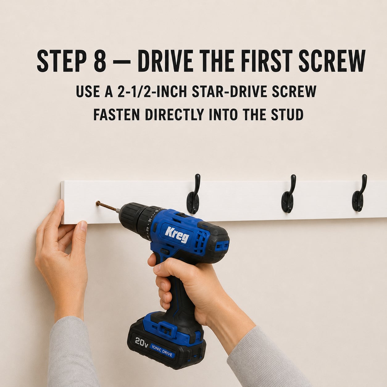 Driving the first 2-1/2-inch screw through a backpack rack into a stud