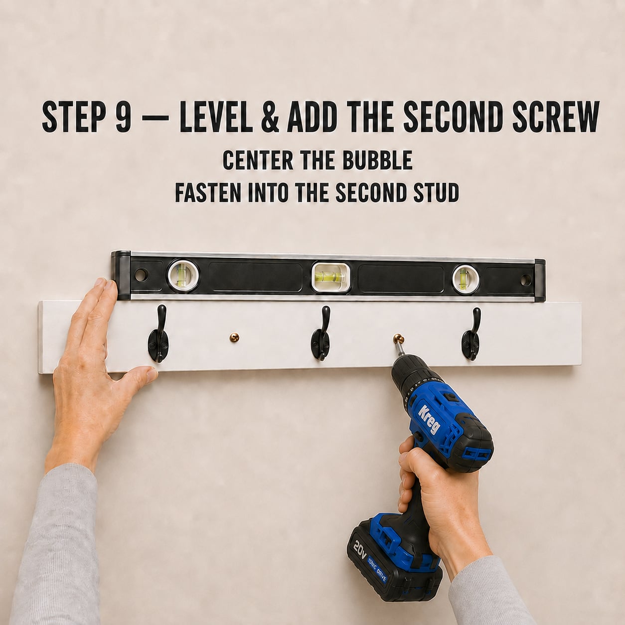 Leveling a backpack hook rack before fastening the second screw
