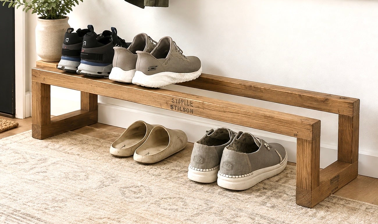 Finished stained one-board shoe rack in an entryway